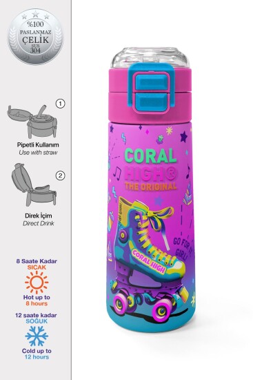 Coral High Kids Pembe Turkuaz Kulaklık Paten Desenli Pipetli ve Direkt İçim Çelik Termos 500 ml 31955 - Coral High KIDS
