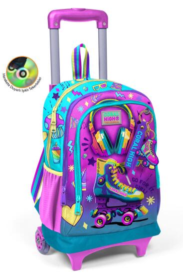Coral High Kids Pembe Turkuaz Kulaklık Paten Desenli Üç Bölmeli Çekçekli Okul Sırt Çantası 23954 - Coral High KIDS
