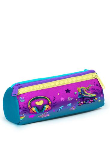 Coral High Kids Pembe Turkuaz Kulaklık Paten Desenli Üç Bölmeli Kalem Çantası 22054 - 3