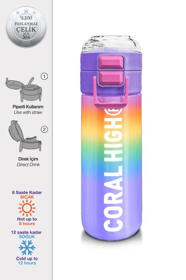 Coral High Kids Renk Geçişli Desenli Pipetli ve Direkt İçim Çelik Termos 500 ml 31863 - Coral High KIDS