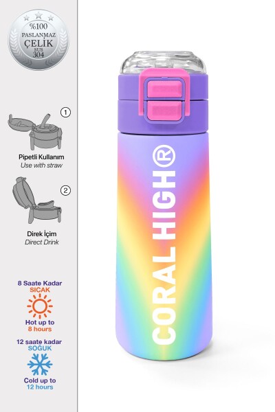Coral High Kids Renk Geçişli Desenli Pipetli ve Direkt İçim Çelik Termos 500 ml 31863 - 1