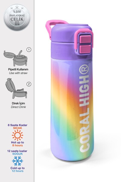 Coral High Kids Renk Geçişli Desenli Pipetli ve Direkt İçim Çelik Termos 500 ml 31863 - 1