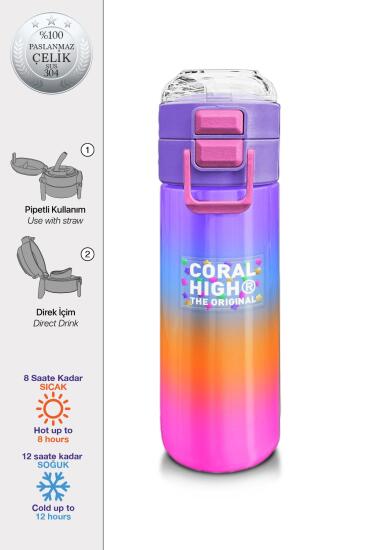 Coral High Kids Renk Geçişli Desenli Pipetli ve Direkt İçim Çelik Termos 500 ml 31875 - CORAL HIGH KIDS