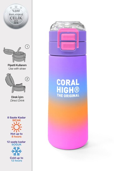 Coral High Kids Renk Geçişli Desenli Pipetli ve Direkt İçim Çelik Termos 500 ml 31875 - CORAL HIGH KIDS