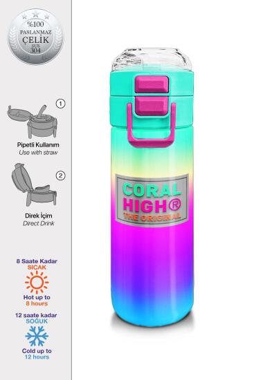 Coral High Kids Renk Geçişli Desenli Pipetli ve Direkt İçim Çelik Termos 500 ml 31924 - Coral High KIDS