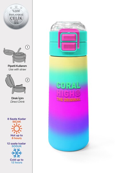 Coral High Kids Renk Geçişli Desenli Pipetli ve Direkt İçim Çelik Termos 500 ml 31924 - 1
