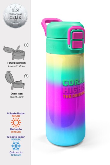Coral High Kids Renk Geçişli Desenli Pipetli ve Direkt İçim Çelik Termos 500 ml 31924 
