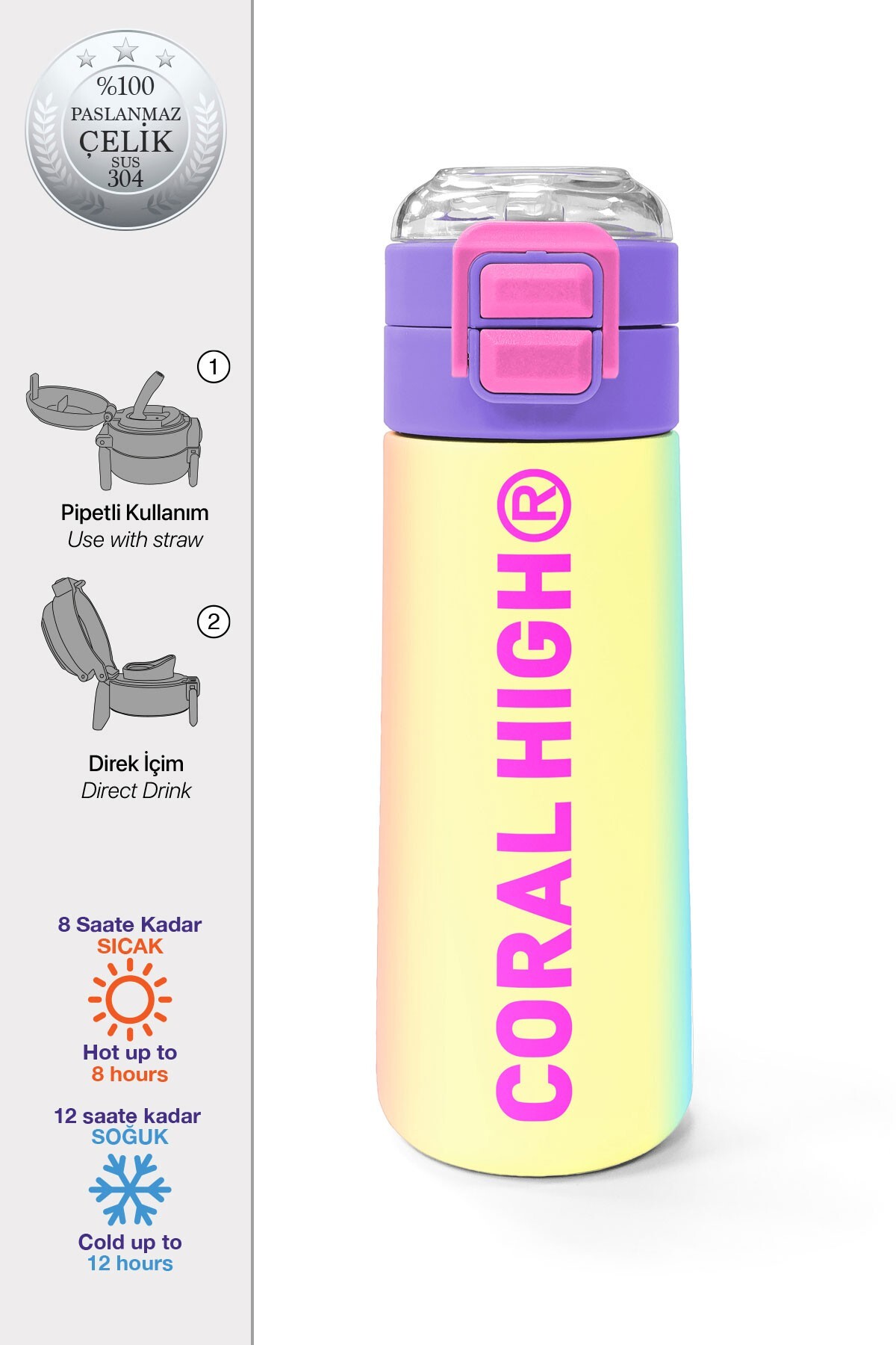 Coral High Kids Renk Geçişli Pipetli ve Direkt İçim Çelik Termos 500 ml 31868