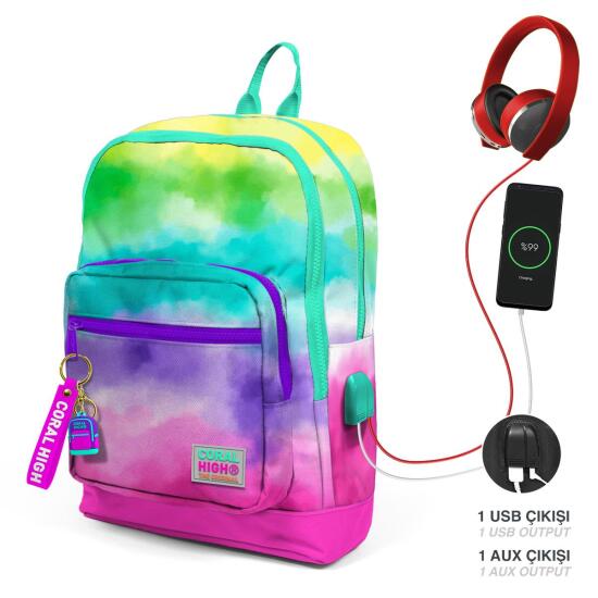 Coral High Kids Renkli Batik Desenli Dört Bölmeli USB'li Okul Sırt Çantası 23839 - Coral High KIDS