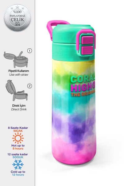 Coral High Kids Renkli Batik Desenli Pipetli ve Direkt İçim Çelik Termos 500 ml 31944 - 1