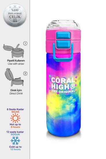 Coral High Kids Renkli Batik Desenli Pipetli ve Direkt İçim Çelik Termos 500 ml 31958 - Coral High KIDS