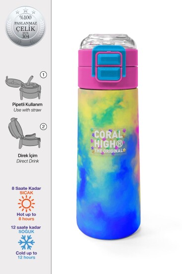 Coral High Kids Renkli Batik Desenli Pipetli ve Direkt İçim Çelik Termos 500 ml 31958 - Coral High KIDS