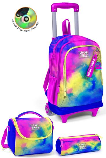 Coral High Kids Renkli Batik Desenli Üç Bölmeli Çekçekli 3'lü Çanta Seti SET0123957 - Coral High