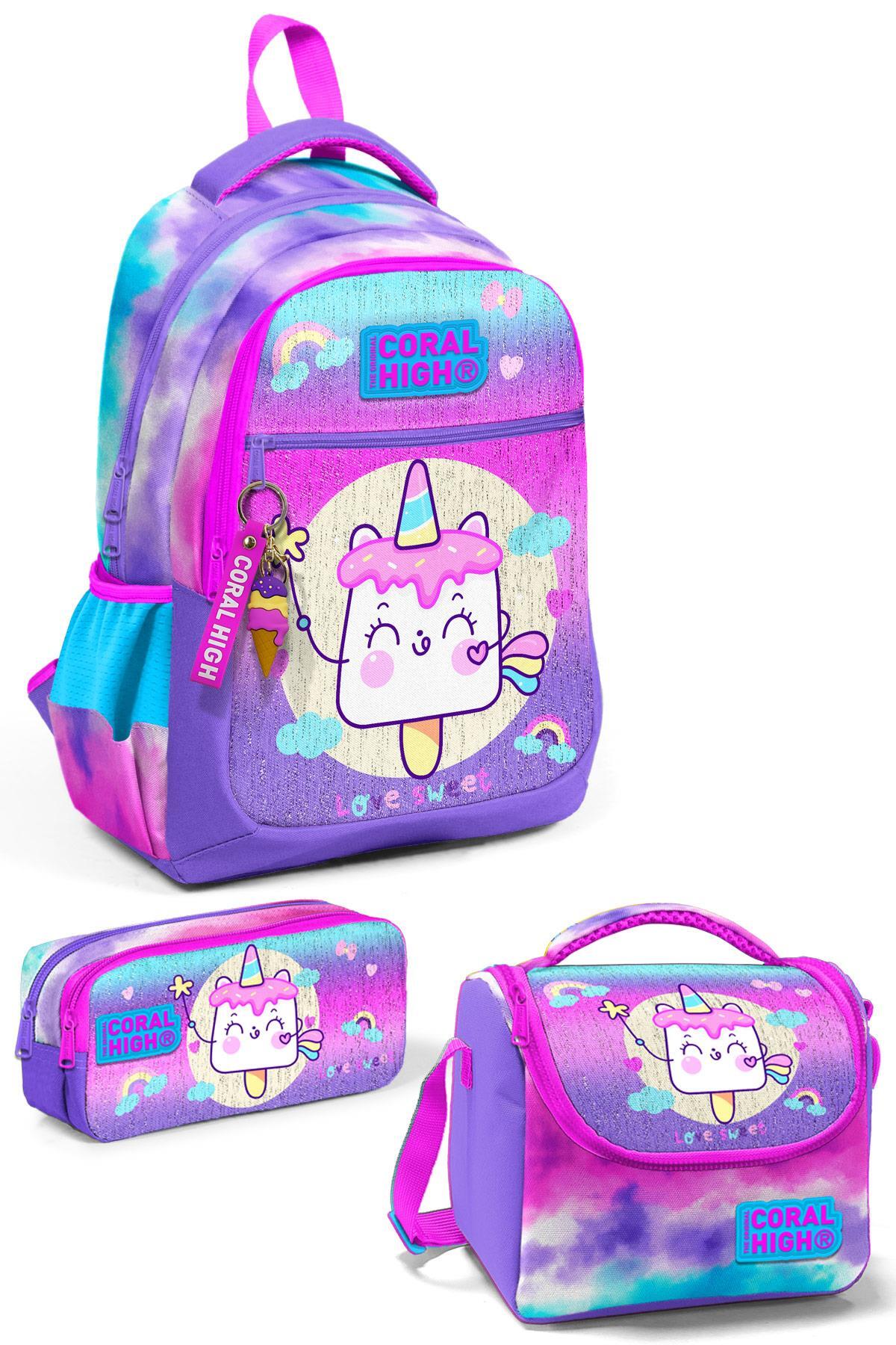 Coral High Kids Renkli Batik Unicorn Dondurma Desenli 3’lü Okul Çanta Seti SET0123480