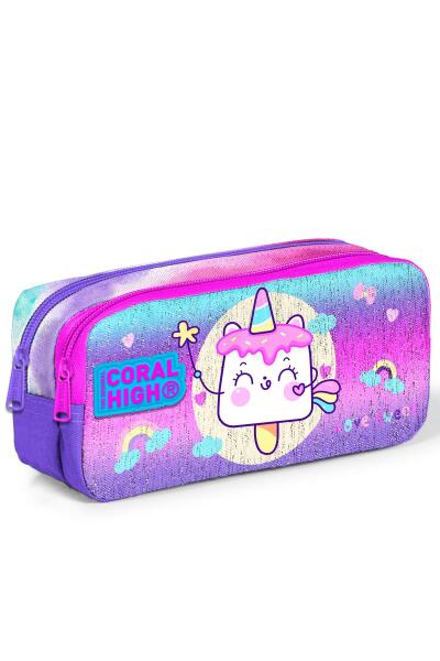 Coral High Kids Renkli Batik Unicorn Dondurma Desenli İki Bölmeli Kalem Çantası 12053 - 1