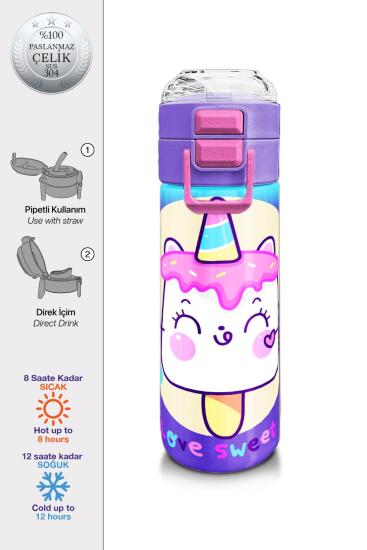 Coral High Kids Renkli Batik Unicorn Dondurma Desenli Pipetli ve Direkt İçim Çelik Termos 500 ml 31801 - Coral High KIDS