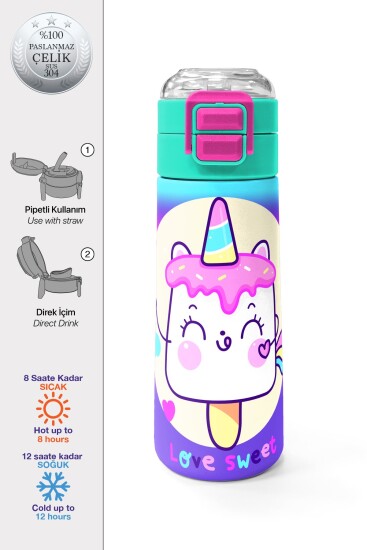Coral High Kids Renkli Batik Unicorn Dondurma Desenli Pipetli ve Direkt İçim Çelik Termos 500 ml 31801 