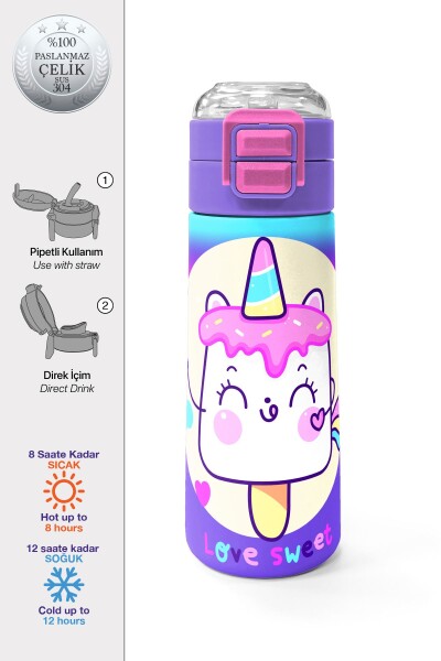 Coral High Kids Renkli Batik Unicorn Dondurma Desenli Pipetli ve Direkt İçim Çelik Termos 500 ml 31801 - 1