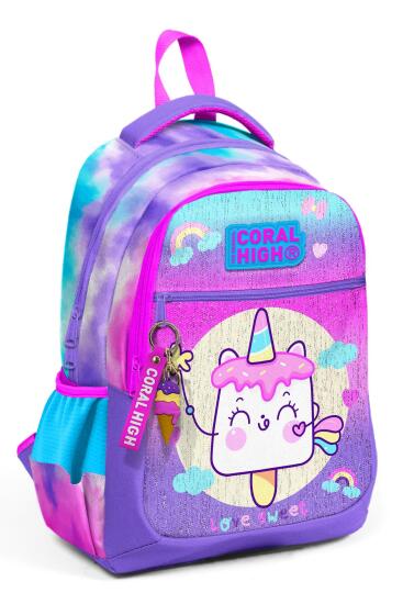 Coral High Kids Renkli Batik Unicorn Dondurma Desenli Üç Bölmeli Okul Sırt Çantası 23480 - Coral High KIDS