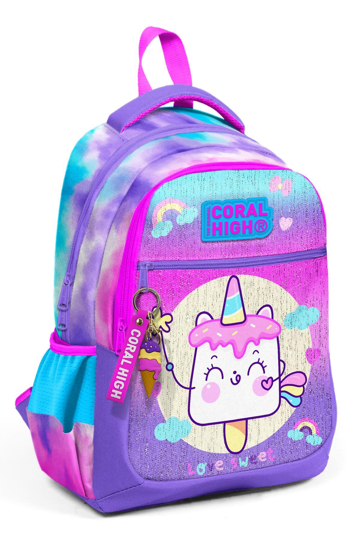 Coral High Kids Renkli Batik Unicorn Dondurma Desenli Üç Bölmeli Okul Sırt Çantası 23480