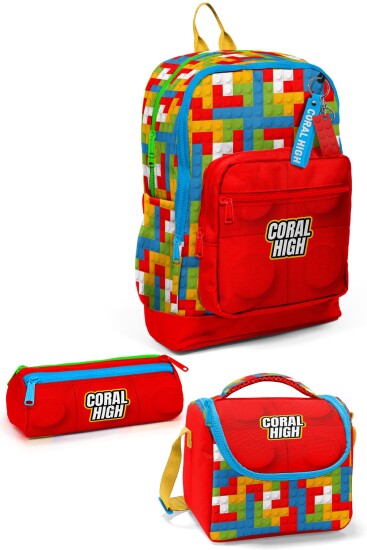 Coral High Kids Renkli Blok Desenli 3’lü Okul Çanta Seti SET0123775 
