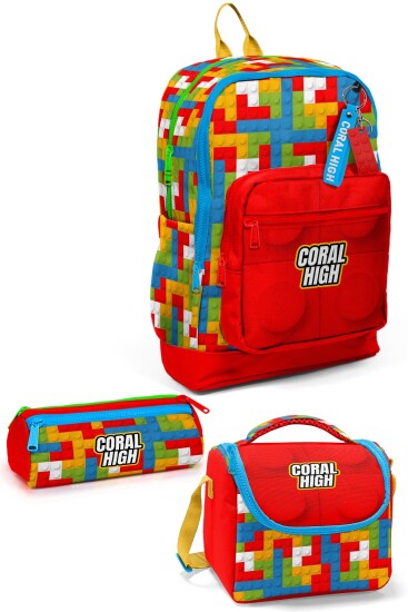 Coral High Kids Renkli Blok Desenli 3’lü Okul Çanta Seti SET0123775 