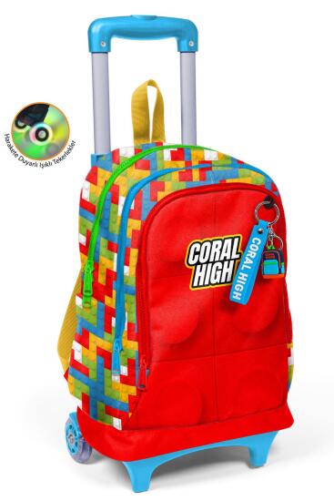 Coral High Kids Renkli Blok Desenli Üç Bölmeli Çekçekli Okul Sırt Çantası 23975 - Coral High KIDS