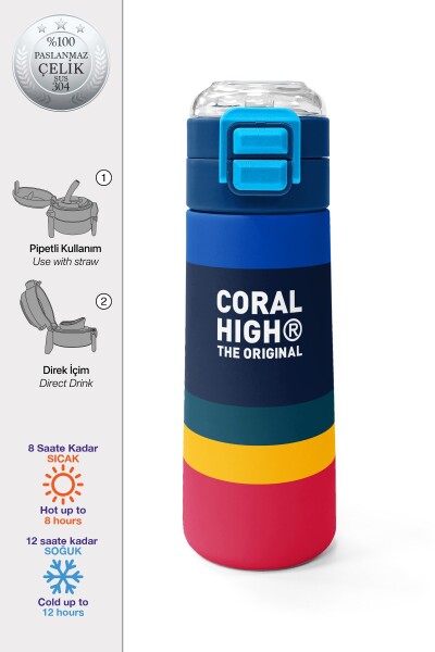 Coral High Kids Renkli Çizgi Desenli Pipetli ve Direkt İçim Çelik Termos 500 ml 38122 - 1