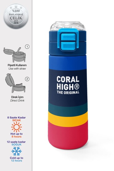 Coral High Kids Renkli Çizgi Desenli Pipetli ve Direkt İçim Çelik Termos 500 ml 38122 - 1