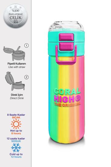 Coral High Kids Renkli Çizgili Desenli Pipetli ve Direkt İçim Çelik Termos 500 ml 31873 - Coral High KIDS