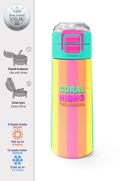 Coral High Kids Renkli Çizgili Desenli Pipetli ve Direkt İçim Çelik Termos 500 ml 31873 - 1