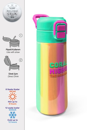 Coral High Kids Renkli Çizgili Desenli Pipetli ve Direkt İçim Çelik Termos 500 ml 31873 
