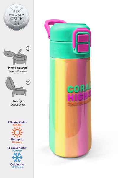 Coral High Kids Renkli Çizgili Desenli Pipetli ve Direkt İçim Çelik Termos 500 ml 31873 - 1