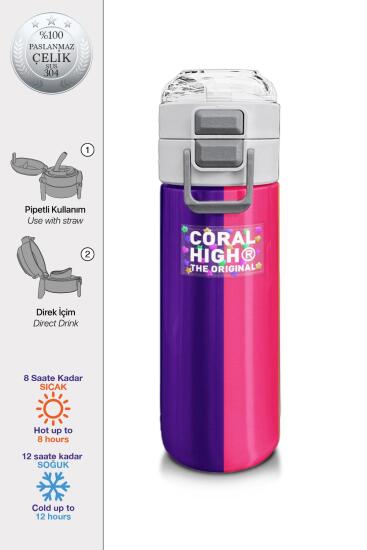 Coral High Kids Renkli Çizgili Desenli Pipetli ve Direkt İçim Çelik Termos 500 ml 31874 - Coral High KIDS