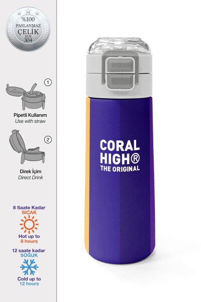 Coral High Kids Renkli Çizgili Desenli Pipetli ve Direkt İçim Çelik Termos 500 ml 31874 - 1