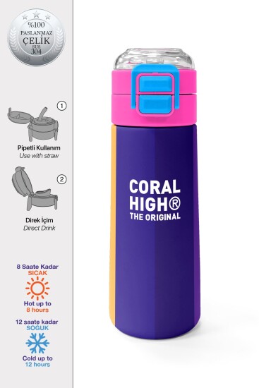 Coral High Kids Renkli Çizgili Desenli Pipetli ve Direkt İçim Çelik Termos 500 ml 31874 