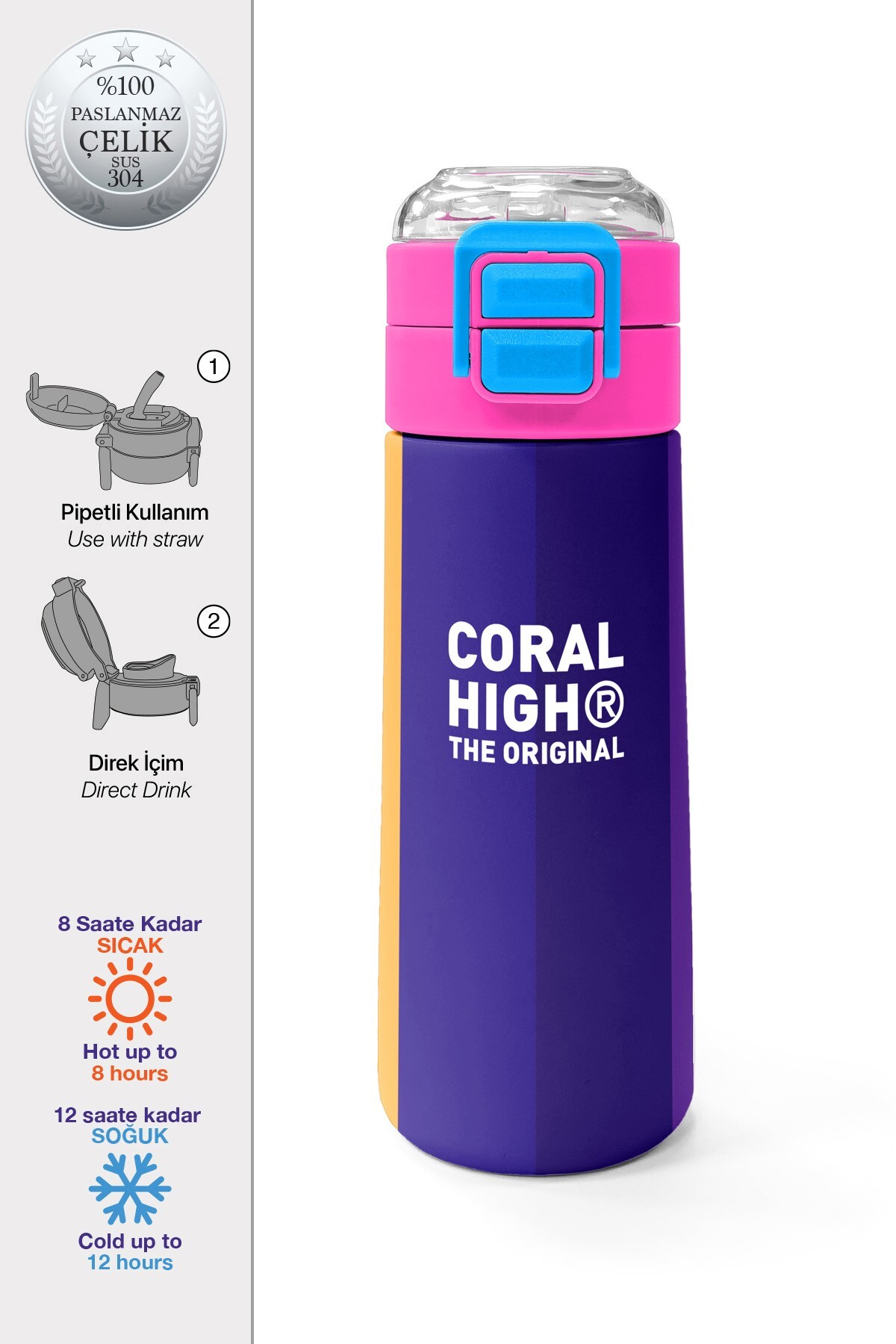 Coral High Kids Renkli Çizgili Desenli Pipetli ve Direkt İçim Çelik Termos 500 ml 31874