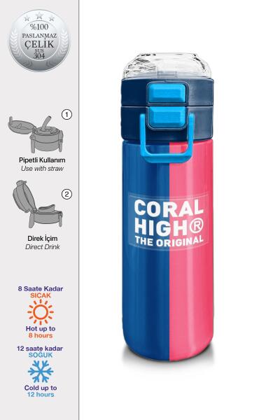 Coral High Kids Renkli Çizgili Desenli Pipetli ve Direkt İçim Çelik Termos 500 ml 31879 - 1