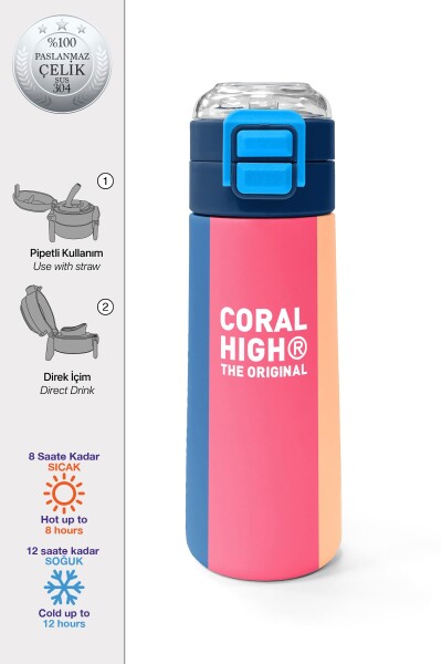 Coral High Kids Renkli Çizgili Desenli Pipetli ve Direkt İçim Çelik Termos 500 ml 31879 - 1