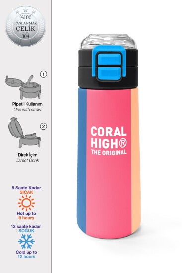Coral High Kids Renkli Çizgili Desenli Pipetli ve Direkt İçim Çelik Termos 500 ml 31879 