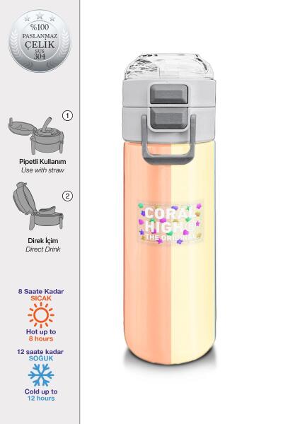 Coral High Kids Renkli Çizgili Desenli Pipetli ve Direkt İçim Çelik Termos 500 ml 31880 - 1