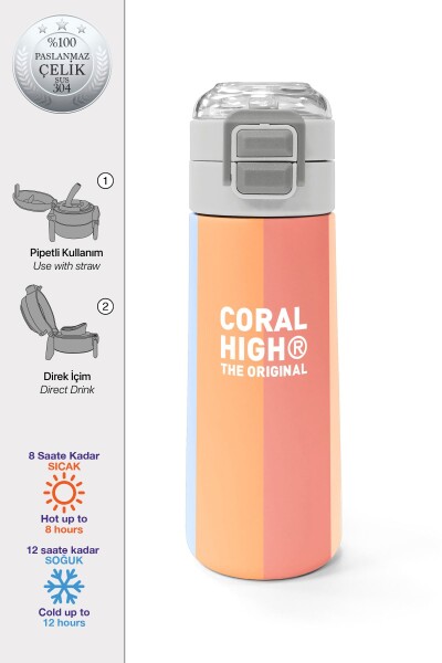 Coral High Kids Renkli Çizgili Desenli Pipetli ve Direkt İçim Çelik Termos 500 ml 31880 - 1