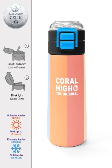 Coral High Kids Renkli Çizgili Desenli Pipetli ve Direkt İçim Çelik Termos 500 ml 31880 