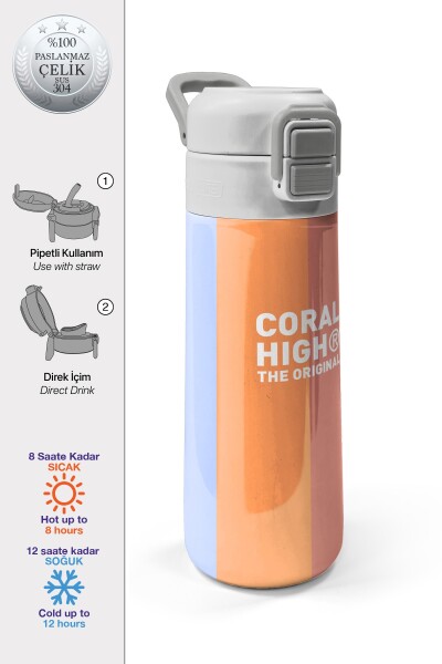 Coral High Kids Renkli Çizgili Desenli Pipetli ve Direkt İçim Çelik Termos 500 ml 31880 - 1