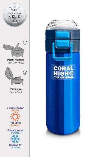 Coral High Kids Renkli Çizgili Desenli Pipetli ve Direkt İçim Çelik Termos 500 ml 31895 - Coral High KIDS
