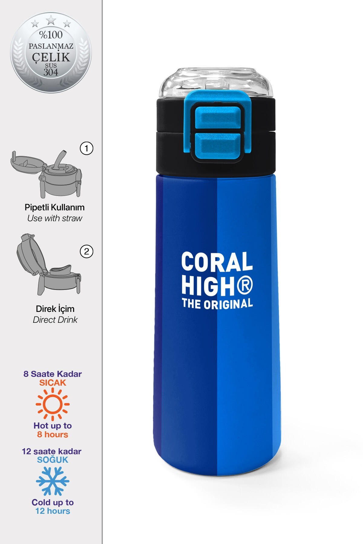 Coral High Kids Renkli Çizgili Desenli Pipetli ve Direkt İçim Çelik Termos 500 ml 31895