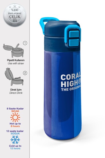 Coral High Kids Renkli Çizgili Desenli Pipetli ve Direkt İçim Çelik Termos 500 ml 31895 