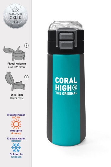 Coral High Kids Renkli Çizgili Desenli Pipetli ve Direkt İçim Çelik Termos 500 ml 31896 - Coral High KIDS