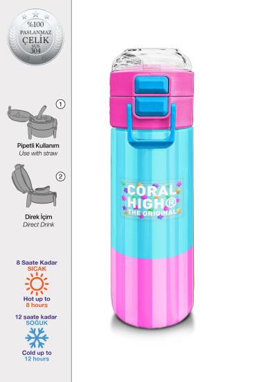 Coral High Kids Renkli Çizgili Desenli Pipetli ve Direkt İçim Çelik Termos 500 ml 31987 - Coral High KIDS
