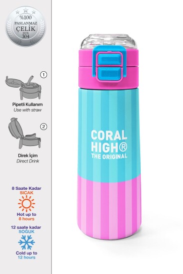 Coral High Kids Renkli Çizgili Desenli Pipetli ve Direkt İçim Çelik Termos 500 ml 31987 - Coral High KIDS